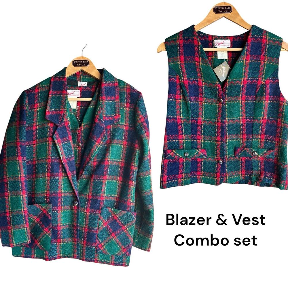 VTG  Christmas Plaid Blazer & Vest Acrylic Knit G.W. Division Of Graff Size 10
